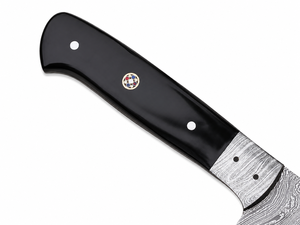 Cuchillo de cocina de acero de Damasco con hoja de punta caída y filo recto, mango de cuerno negro con bolster de Damasco y pasador de mosaico, 12 pulgadas - Product Image 2