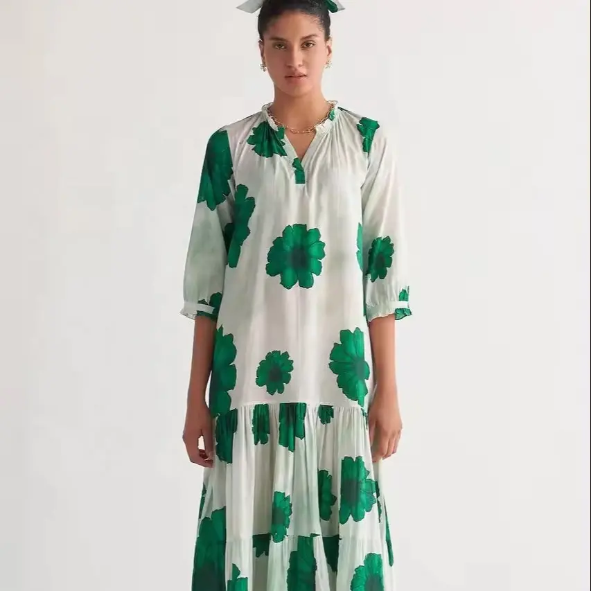 Nueva llegada verde puro algodón Digital impreso tejido banda fantasía escalonado fiesta desgaste Midi vestido para mujer