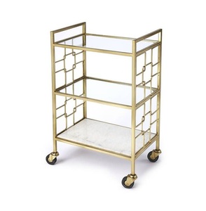 Art Deco Brass <b>Bar</b> Cart With Glass <b>Shelves</b> And Marble Base Rectangular Indoor Furniture Decoration For Living Room - Product Image 3
