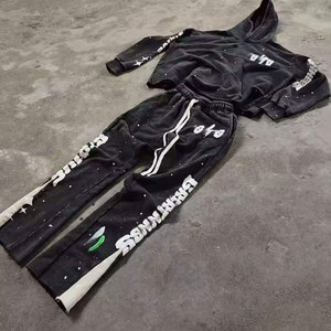 ชุดเซ็ตฮู้ดดี้ซิปและกางเกงจ็อกเกอร์สไตล์วินเทจสำหรับผู้ชาย ผ้าฟอกสี แต่งคริสตัล ไซส์พลัส แฟชั่นสตรีทแวร์สุดเทรนด์ - Product Image 5