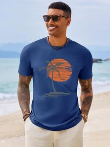 Camiseta Azul de Manga Corta para Hombre con Estampado de Palmeras al Atardecer, Cuello Redondo, Corte Regular Informal, 100% Algodón Jersey Transpirable - Product Image 6