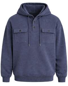 Sweat à capuche bleu ardoise pour homme avec patte de boutonnage, double poche poitrine, style streetwear décontracté, fabricant sur mesure - Product Image 1