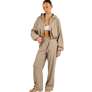 Womens Cropped Full <b>Zip</b> Hooded Tracksuit Set Wide Leg <b>Trousers</b> Elastic Waist Gathered Hem Two Piece Lounge Travel Street Outfits - Product Image 1