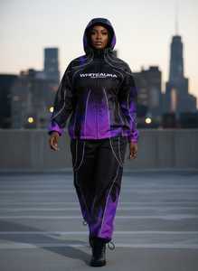 Ensemble coupe-vent en nylon léger violet uni avec logo personnalisé, streetwear, survêtement ample, veste à capuche imperméable, pantalon, ensemble 2 pièces - Product Image 4