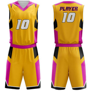 Ensemble de maillots de basket-ball personnalisés jaune rose noir, col en V, manches courtes, impression sublimée, évacuation de l'humidité, unisexe, adulte, toutes saisons - Product Image 1
