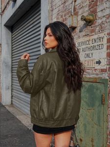 Blouson bomber vert olive pour femme, style moto, fermeture éclair sur le devant, coupe ample, couleur unie, col rabattu, manteau coupe-vent d'automne - Product Image 4