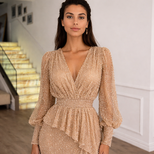 Vestido de Noche Elegante de Sirena con Lentejuelas Plateadas, Cuello Alto, Manga Larga, Vestido Ceñido Brillante Tipo Trompeta para Alfombra Roja y Galas - Product Image 5