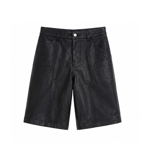 Shorts Bermuda Homme en Cuir PU Noir de Haute Qualité, Taille Mi-Haute Élastique, Style Décontracté, Poches, Respirant, en Toile et Cuir - Product Image 4