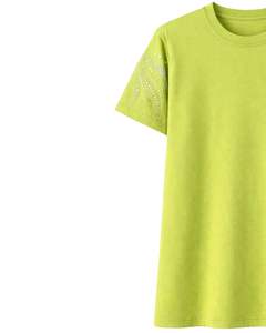 T-shirt en coton vert pour femme avec manches ornées de strass, col rond, manches courtes, style décontracté, haut tendance pour femme, personnalisable, vente en gros OEM - Product Image 3