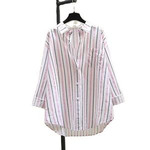 Mode d'été coréenne Hauts à manches longues amples pour femmes Chemises à rayures 100% coton avec manches de réservoir Style décontracté Impression de tempérament - Product Image 3