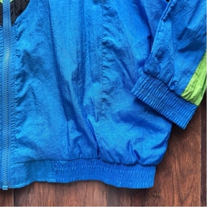 Unisex Blue Green Color Blocking <b>Track</b> <b>Jacket</b> Full Sleeve Crew Neck <b>Vintage</b> Style 100% Nylon Lightweight Waterproof Summer Wear - Product Image 6