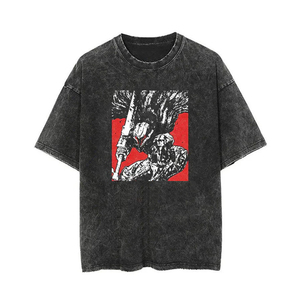 Washed <b>Black</b> Cotton T-Shirt Men Round Neck Short Sleeve Casual Shirt With <b>Red</b> Graphic Print Front Street Style Summer <b>Top</b> - Product Image 1