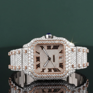 Montre automatique mécanique pour homme en acier inoxydable rose or bicolore, style luxe moderne, chiffres romains carrés, tendance hip-hop - Product Image 1