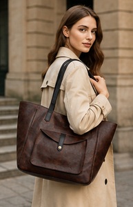 Sac fourre-tout de plage bohème vintage en cuir véritable de qualité supérieure, marron, pour femmes, sac à main de luxe, poche avant, fermeture magnétique - Product Image 2