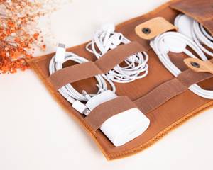 Logo Printing Leather Cable Organizer Custom Brand Cord Holder Earphone Wire Management Travel <b>Tech</b> Pouch Set LCO-0105 - Product Image 6