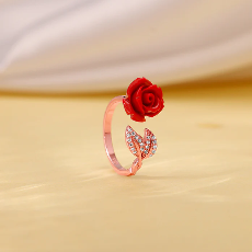 18k Rose gold <b>Adjustable</b> Red Rose Flower Open <b>Ring</b> with Leaf Branch Design Romantic Statement Jewelry for Women - Product Image 3