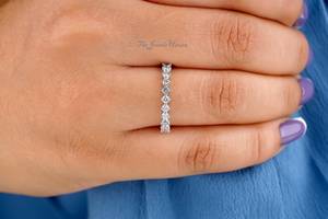 Vintage Diamond Wedding Band White Gold Round Cut Moissanite Matching Band <b>Stacking</b> Delicate Half Eternity Wedding Band Wedding - Product Image 1