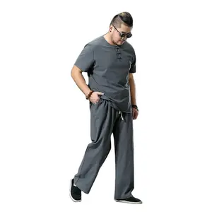 Abbigliamento nuovo di zecca tuta grande abito lino sovrappeso camicia casual maschile elastico in vita set 2 pezzi