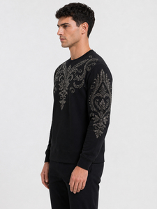 Sweat-shirt à col rond pour homme, brodé de strass, coupe classique, motif cachemire, noir, pull tricoté décontracté, sweat-shirt à strass - Product Image 6