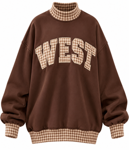 Custom <b>Women</b>’s <b>Christmas</b> Mock Neck <b>Sweatshirt</b> Oversized Drop Shoulder Gingham Plaid Patchwork Embroidery Winter Fleece - Product Image 6