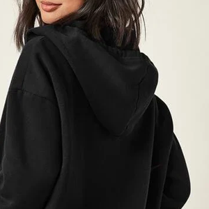 OEM Plain Black <b>Zip</b> <b>Up</b> Hoodie Women Drop Shoulder Front Pocket Hooded Jacket Wholesale - Product Image 3