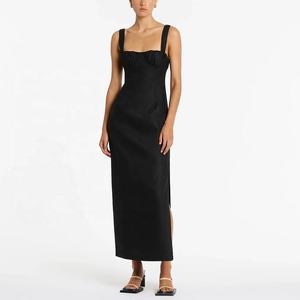 Satin Silk Women Clothing Wholesale Square Collar Elegant Straight Maxi Dress Strap Sexy High Split Sleeveless Party Solid - Product Image 2