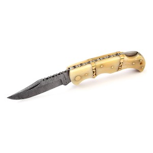 Cuchillo Plegable de Acero de Damasco de Grado Industrial Nordic Forge con Mango de Hueso y Funda de Cuero, Cuchillo de Bolsillo EDC para Caza y Camping - Product Image 2