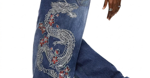Men's Wide Leg Denim <b>Jeans</b> High Waist Loose Fit <b>Embroidered</b> Dragon Floral Pattern Hip Hop Streetwear Style Stonewashed Cotton - Product Image 4
