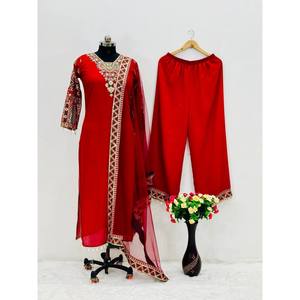 Elegante Traje de Chifón con Pantalones Palazzo y Dupatta para Fiestas - Product Image 1