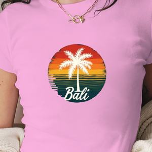 T-shirt court en tricot imprimé Y2K pour femme, silhouette de palmier de Bali, coupe ajustée - Product Image 4