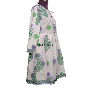 Vestido de mujer sencillo para el trabajo, con estampado floral y borlas, de algodón, corte A, manga abullonada, cuello redondo, vestido corto de algodón ecológico. - Product Image 4