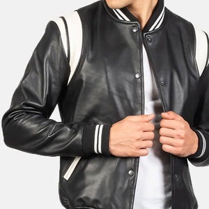Veste universitaire en cuir PU pour homme, couleur noire unie, col rabattu, manches régulières, style décontracté d'automne - Product Image 1