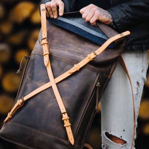 Luxury Brown Leather <b>Roll</b> Top <b>Backpack</b> Classic Aesthetic Laptop Rucksack For High End Retail LTBP-0277 - Product Image 6