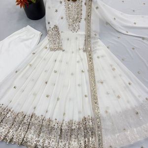 Women's Heavy Georgette Embroidered <b>Sequin</b> Gown Set with <b>Pant</b> and Dupatta Ready to Wear Festive Ethnic Wear - Product Image 3