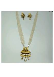 Elegant 925 Silver <b>Pearl</b> Beaded <b>Necklace</b> <b>Set</b> Gold Plated Traditional Pendant and Matching Stud Earrings Wedding Festive Wear - Product Image 3