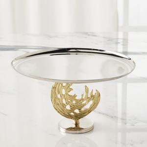 Support à gâteau moderne en métal argenté avec base abstraite en corail doré, plateau de service rond de luxe pour centre de table de mariage - Product Image 1