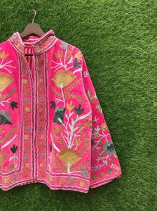 Kimono Cardigan Rosa con Bordado Floral, Manga Larga, Corte Holgado, Cuello en V, Estilo Bohemio, Verano, Elegante, Tejido, Cintura Natural - Product Image 6