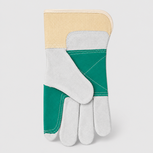 Gants de sécurité en cuir avec paume verte et doigts blancs, antidérapants, usage général, protection au travail, manchette droite. - Product Image 3