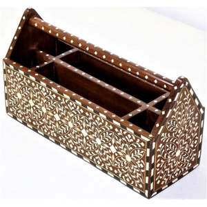 Boîte de rangement décorative multifonction en bois incrusté - Porte-serviettes et couverts portable à 3 compartiments, style marocain - Product Image 1