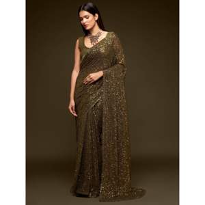 Incroyable Saree à paillettes vert olive avec chemisier - Product Image 6