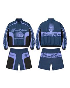 Yellow Blue Windbreaker Jacket Shorts Set | Oversized <b>Zip</b> <b>Hooded</b> Matching Set OEM Private Label - Product Image 4