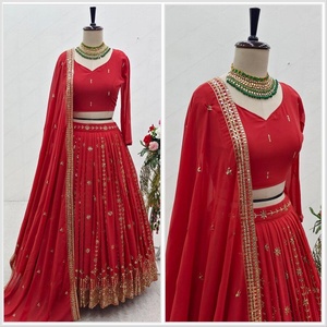 DESIGNER GEORGETTE SEQUENCE EMRBOIDERY WORK LEHENGA CHOLI AVEC DUPATTA ROUGE - Product Image 1