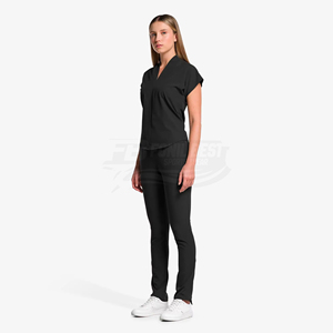 Blusa de Trabajo con Cuello en V para Mujer, Uniforme de Hospital de Poliéster Negro con Bolsillos para Personal Médico - Product Image 1
