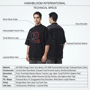เสื้อยืดแขนสั้นผ้าฝ้ายเฟรนช์เทอร์รี่สองชั้น หนัก 430GSM 100% ป้องกันการเป็นขุย ซักแล้ว ทรงพอดีตัว สีพื้น สั่งทำพิเศษ สไตล์เทคแวร์ - Product Image 5