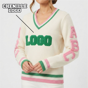 Cárdigan Personalizado con Cuello en V para Hermandades, Logotipo de Chenilla, Letras Griegas, Estilo Preppy, Suéter Tejido de Manga Larga para Mujer - Product Image 5