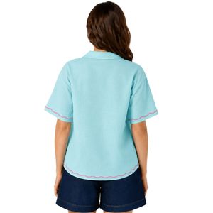 Blusa de algodón azul acuamarina con bordado floral para mujer, de manga corta, con botones, informal, de verano, con cuello, personalizada, a la moda, OEM - Product Image 2