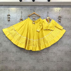 Yellow Cotton <b>Lehenga</b> Choli Set Traditional Indian Outfit Ruffle Blouse Pleated <b>Skirt</b> Floor-Length Quick Dry for Wedding Party - Product Image 1