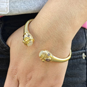 Pulsera de puño abierto chapada en oro con piedra lunar, amatista y circonita cúbica para mujer, estilo tribal, étnico, bohemio, ajustable, joyería llamativa. - Product Image 4