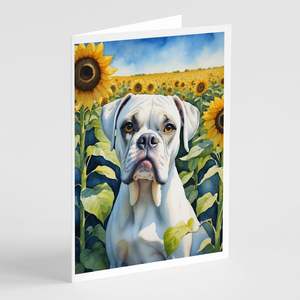 Whimsical Boxer in Sunflowers A7 Size 5x7 Blank <b>Note</b> <b>Cards</b> Pack of 8 with Envelopes <b>Greeting</b> <b>Cards</b> Set - Product Image 1