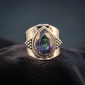 Bague Cocktail Unisexe en Argent 925 Style Bohème avec Topaze Mystique Sertie en Bezel, Forme Goutte d'Eau, Idéale au Quotidien - Product Image 3